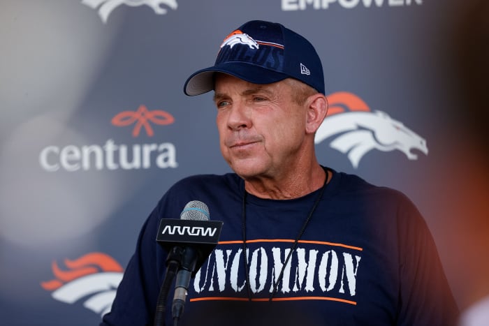 Denver Broncos head coach Sean Payton dresses the media after training camp at Centura Health Training Center